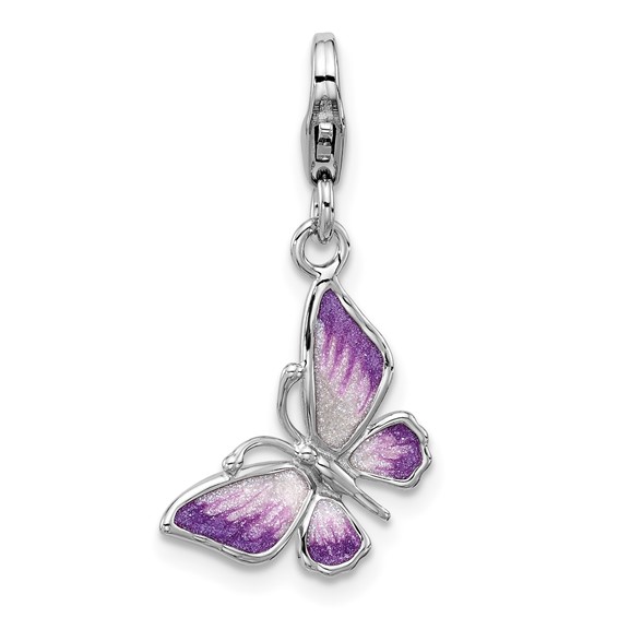 Amore La Vita Sterling Silver Rhodium-plated 3-D Purple Enameled Butterfly Charm with Fancy Lobster Clasp