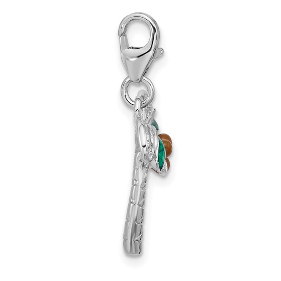 Amore La Vita Sterling Silver Rhodium-plated 3-D Green and Brown Enameled Palm Tree Coconuts Charm with Fancy Lobster Clasp