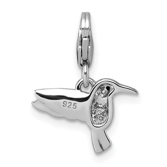Sterling Silver Amore La Vita Rhodium-plated Blue and Green Enamel with CZ and Black Spinel Hummingbird Charm with Lobster Clasp