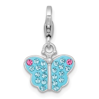 Sterling Silver Amore La Vita Rhodium-plated Polished Blue and Pink Crystal Butterfly Charm