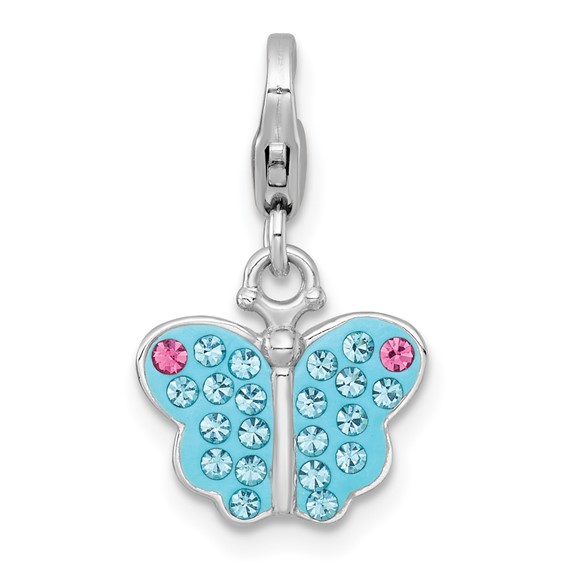 Sterling Silver Amore La Vita Rhodium-plated Polished Blue and Pink Crystal Butterfly Charm