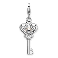 Amore La Vita Sterling Silver Rhodium-plated Polished Freshwater Cultured Pearl Key Charm with Fancy Lobster Clasp view 3