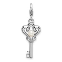 Amore La Vita Sterling Silver Rhodium-plated Polished Freshwater Cultured Pearl Key Charm with Fancy Lobster Clasp view 1