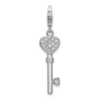 Amore La Vita Sterling Silver Rhodium-plated Polished Clear CZ Heart Top Key Charm with Fancy Lobster Clasp view 1