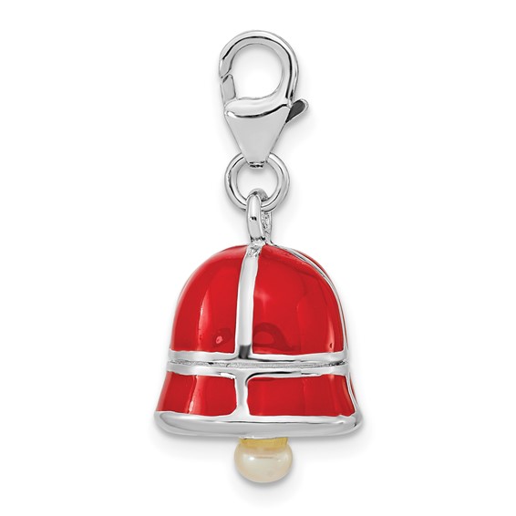 SS RH FW Cultured Pearl Red Enamel Bell w/Lobster Clasp Charm