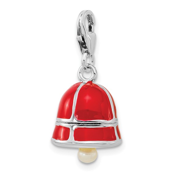 SS RH FW Cultured Pearl Red Enamel Bell w/Lobster Clasp Charm