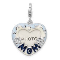 Amore La Vita Sterling Silver Rhodium-plated Polished Blue Enameled Mom Photo Charm with Fancy Lobster Clasp view 1