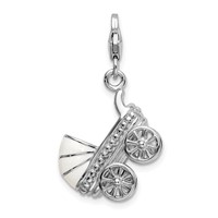 Amore La Vita Sterling Silver Rhodium-plated Polished 3-D Enameled Baby Carriage Charm with Fancy Lobster Clasp view 3