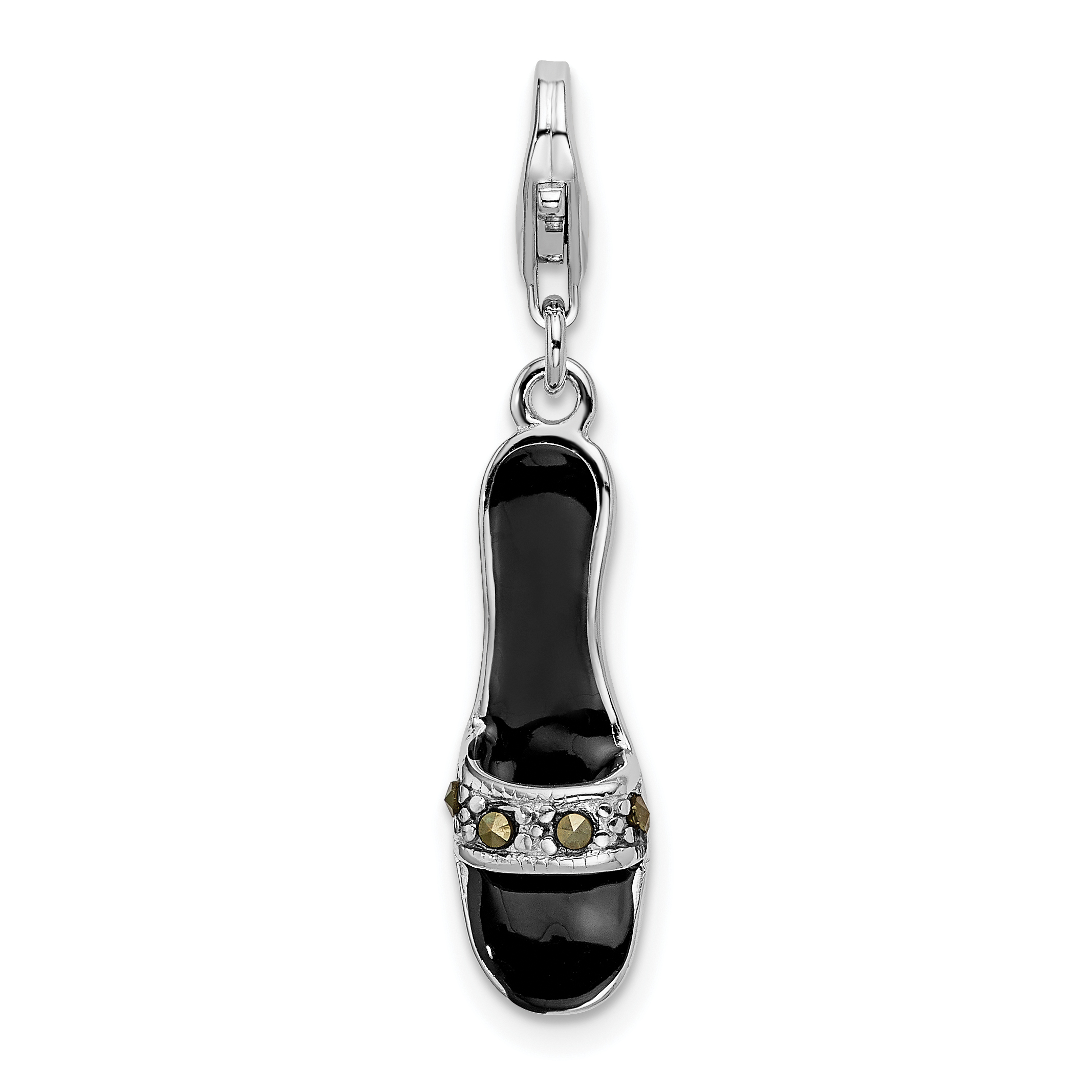 Amore La Vita Silver Polished 3-D Black Enameled and Marcasite Shoe Charm with