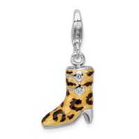 Amore La Vita Sterling Silver Rhodium-plated Polished 3-D CZ Enameled Leopard Print Boot Charm with Fancy Lobster Clasp view 1
