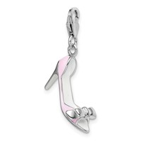 Amore La Vita Sterling Silver Rhodium-plated Polished 3-D Pink Enameled Bow-top High Heel Charm with Fancy Lobster Clasp view 4