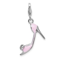 Amore La Vita Sterling Silver Rhodium-plated Polished 3-D Pink Enameled Bow-top High Heel Charm with Fancy Lobster Clasp view 1