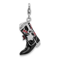 Amore La Vita Sterling Silver Rhodium-plated Polished 3-D Black Red Enameled Cowboy Boot Charm with Fancy Lobster Clasp view 3