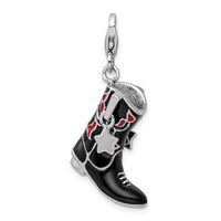 Amore La Vita Sterling Silver Rhodium-plated Polished 3-D Black Red Enameled Cowboy Boot Charm with Fancy Lobster Clasp view 1