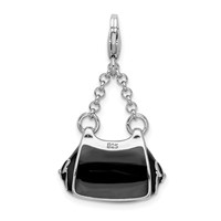 Amore La Vita Sterling Silver Rhodium-plated Polished 3-D Black Enameled Handbag Charm with Fancy Lobster Clasp view 3