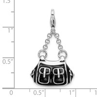 Amore La Vita Sterling Silver Rhodium-plated Polished 3-D Black Enameled Handbag Charm with Fancy Lobster Clasp view 5