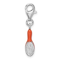 Amore La Vita Sterling Silver Rhodium-plated Polished 3-D Orange Enameled Hair Brush Charm with Fancy Lobster Clasp view 2