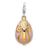 Amore La Vita Sterling Silver Rhodium-plated and Gold-plated Polished 3-D Crystal Enameled Pink Egg with Cross Charm with Fancy Lobster Clasp view 3