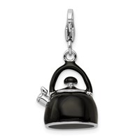Amore La Vita Sterling Silver Rhodium-plated Polished 3-D Enameled Black Tea Kettle Charm with Fancy Lobster Clasp view 3