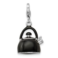 Amore La Vita Sterling Silver Rhodium-plated Polished 3-D Enameled Black Tea Kettle Charm with Fancy Lobster Clasp view 1