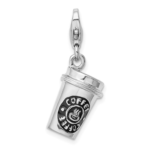 Amore La Vita Sterling Silver Rhodium-plated Polished 3-D Enameled to Go Coffee Cup Charm with Fancy Lobster Clasp