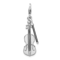 Amore La Vita Sterling Silver Rhodium-plated Polished 3-D Violin with Antiqued Bow Charm with Fancy Lobster Clasp view 1