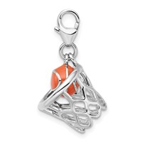 Amore La Vita Sterling Silver Rhodium-plated Polished 3-D Moveable Enameled Basketball in Net Charm with Fancy Lobster Clasp view 2