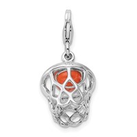 Amore La Vita Sterling Silver Rhodium-plated Polished 3-D Moveable Enameled Basketball in Net Charm with Fancy Lobster Clasp view 3