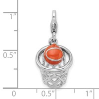 Amore La Vita Sterling Silver Rhodium-plated Polished 3-D Moveable Enameled Basketball in Net Charm with Fancy Lobster Clasp view 4