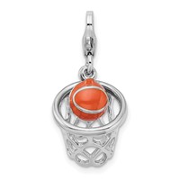 Amore La Vita Sterling Silver Rhodium-plated Polished 3-D Moveable Enameled Basketball in Net Charm with Fancy Lobster Clasp view 1
