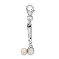 Amore La Vita Sterling Silver Rhodium-plated Polished 3-D Freshwater Cultured Pearl Golf Club Charm with Fancy Lobster Clasp view 2