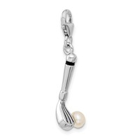 Amore La Vita Sterling Silver Rhodium-plated Polished 3-D Freshwater Cultured Pearl Golf Club Charm with Fancy Lobster Clasp view 5