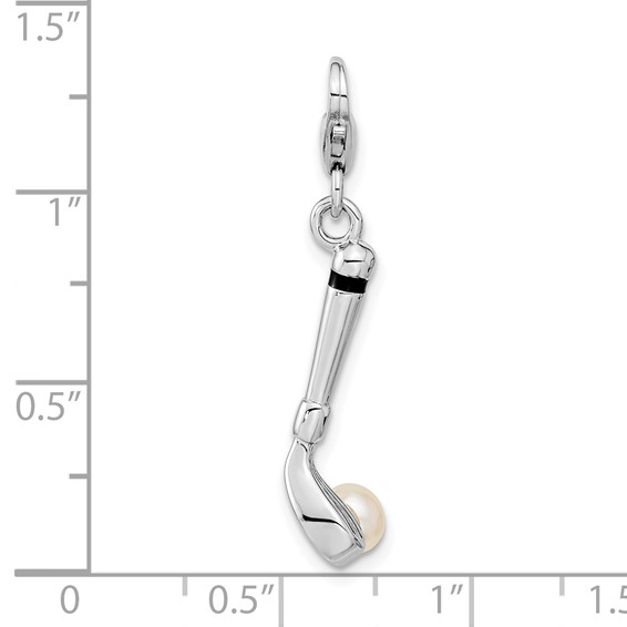 Amore La Vita Sterling Silver Rhodium-plated Polished 3-D Freshwater Cultured Pearl Golf Club Charm with Fancy Lobster Clasp