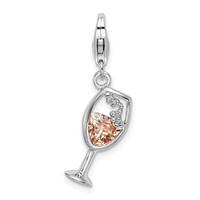 Amore La Vita Sterling Silver Rhodium-plated Polished CZ Enameled Open Champagne Glass Charm with Fancy Lobster Clasp view 1