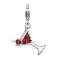 Amore La Vita Sterling Silver Rhodium-plated Polished Enameled Red Crystal Martini Glass Charm with Fancy Lobster Clasp view 1