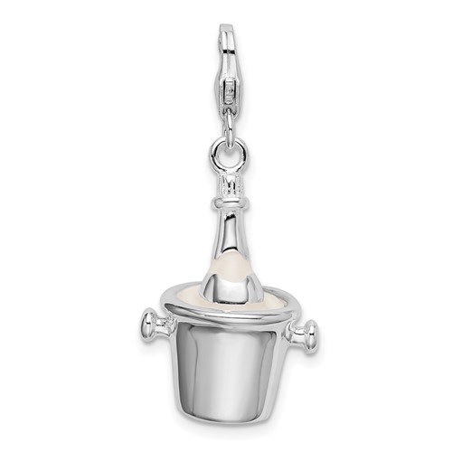 Amore La Vita Sterling Silver Rhodium-plated Polished 3-D Enameled Champagne Bottle in Ice Bucket Charm with Lobster