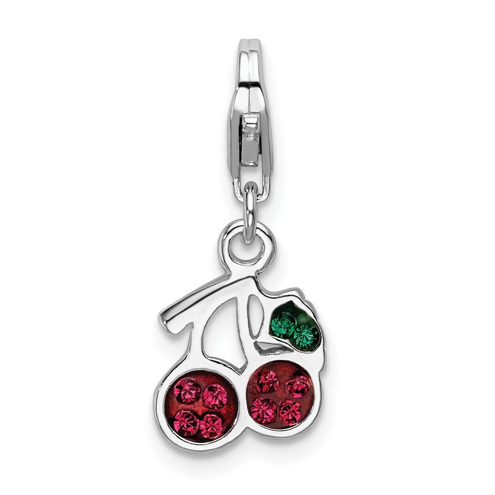 Sterling Silver Rhodium-plated Crystal Cherries W Lobster Clasp Charm