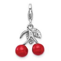 Amore La Vita Sterling Silver Rhodium-plated Polished 3-D Enameled Red Cherries Charm with Fancy Lobster Clasp view 3