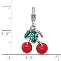 Amore La Vita Sterling Silver Rhodium-plated Polished 3-D Enameled Red Cherries Charm with Fancy Lobster Clasp view 4