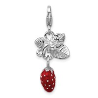 Amore La Vita Sterling Silver Rhodium-plated Polished 3-D Enameled Strawberry Charm with Fancy Lobster Clasp view 3