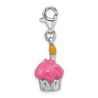 Amore La Vita Sterling Silver Rhodium-plated Polished 3-D Enameled Cupcake and Candle Charm with Fancy Lobster Clasp view 2