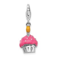 Amore La Vita Sterling Silver Rhodium-plated Polished 3-D Enameled Cupcake and Candle Charm with Fancy Lobster Clasp view 3