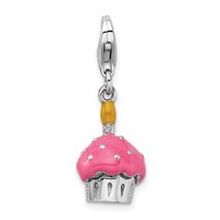 Amore La Vita Sterling Silver Rhodium-plated Polished 3-D Enameled Cupcake and Candle Charm with Fancy Lobster Clasp view 1