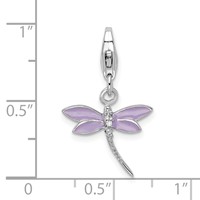 Amore La Vita Sterling Silver Rhodium-plated Polished Lilac Enameled CZ Dragonfly Charm with Fancy Lobster Clasp view 4