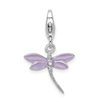 Amore La Vita Sterling Silver Rhodium-plated Polished Lilac Enameled CZ Dragonfly Charm with Fancy Lobster Clasp view 1