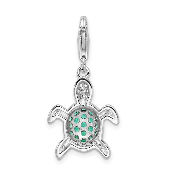 Amore La Vita Sterling Silver Rhodium-plated Polished Green and Clear CZ Turtle Charm with Fancy Lobster Clasp