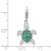 Amore La Vita Sterling Silver Rhodium-plated Polished Green and Clear CZ Turtle Charm with Fancy Lobster Clasp view 4