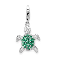 Amore La Vita Sterling Silver Rhodium-plated Polished Green and Clear CZ Turtle Charm with Fancy Lobster Clasp view 1