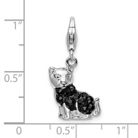 Amore La Vita Sterling Silver Rhodium-plated Polished Enameled Swarovski Crystal Black Cat Charm with Fancy Lobster Clasp view 4