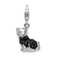 Amore La Vita Sterling Silver Rhodium-plated Polished Enameled Swarovski Crystal Black Cat Charm with Fancy Lobster Clasp view 1